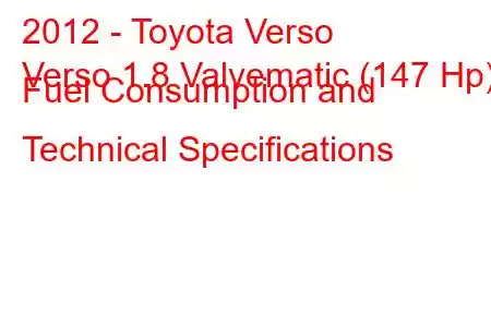 2012 - Toyota Verso
Verso 1.8 Valvematic (147 Hp) Fuel Consumption and Technical Specifications