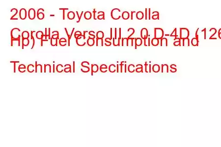 2006 - Toyota Corolla
Corolla Verso III 2.0 D-4D (126 Hp) Fuel Consumption and Technical Specifications