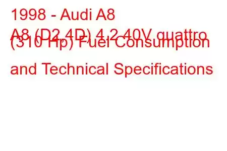 1998 - Audi A8
A8 (D2,4D) 4.2 40V quattro (310 Hp) Fuel Consumption and Technical Specifications