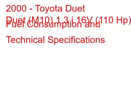 2000 - Toyota Duet
Duet (M10) 1.3 i 16V (110 Hp) Fuel Consumption and Technical Specifications