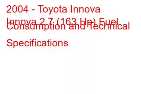 2004 - Toyota Innova
Innova 2.7 (163 Hp) Fuel Consumption and Technical Specifications