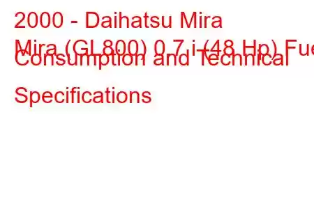 2000 - Daihatsu Mira
Mira (GL800) 0.7 i (48 Hp) Fuel Consumption and Technical Specifications