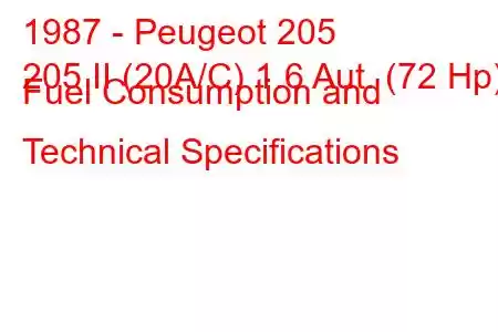 1987 - Peugeot 205
205 II (20A/C) 1.6 Aut. (72 Hp) Fuel Consumption and Technical Specifications