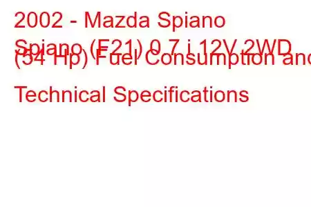 2002 - Mazda Spiano
Spiano (F21) 0.7 i 12V 2WD (54 Hp) Fuel Consumption and Technical Specifications