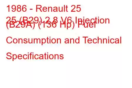 1986 - Renault 25
25 (B29) 2.8 V6 Injection (B29A) (136 Hp) Fuel Consumption and Technical Specifications