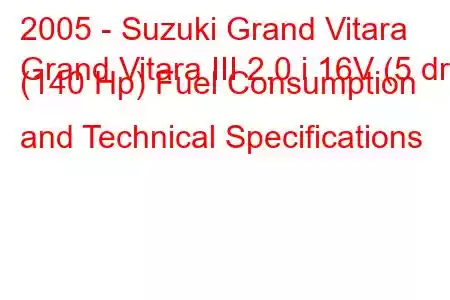 2005 - Suzuki Grand Vitara
Grand Vitara III 2.0 i 16V (5 dr) (140 Hp) Fuel Consumption and Technical Specifications