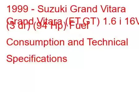 1999 - Suzuki Grand Vitara
Grand Vitara (FT,GT) 1.6 i 16V (3 dr) (94 Hp) Fuel Consumption and Technical Specifications