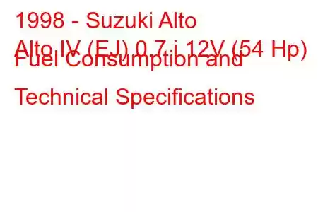 1998 - Suzuki Alto
Alto IV (EJ) 0.7 i 12V (54 Hp) Fuel Consumption and Technical Specifications