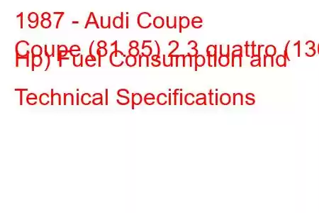 1987 - Audi Coupe
Coupe (81.85) 2.3 quattro (136 Hp) Fuel Consumption and Technical Specifications